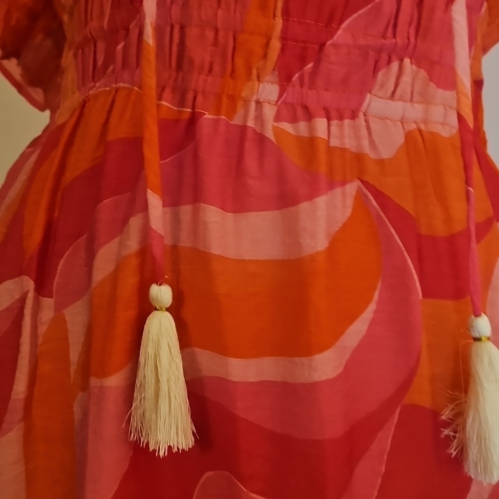 THML Smocked Waist Tiered Orange and Pink Midi Dress - Picture 3 of 6